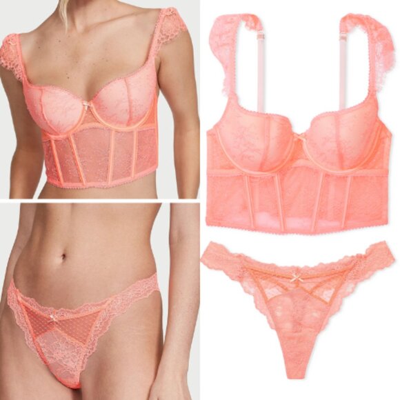 VS Lace Cap-Sleeve Corset Top and Thong Panty L Large - Picture 1 of 13